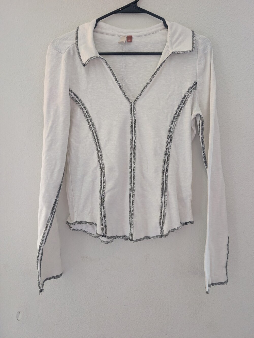 Pilcro White Long-Sleeve Collared Top with Black Contrast Stitching
